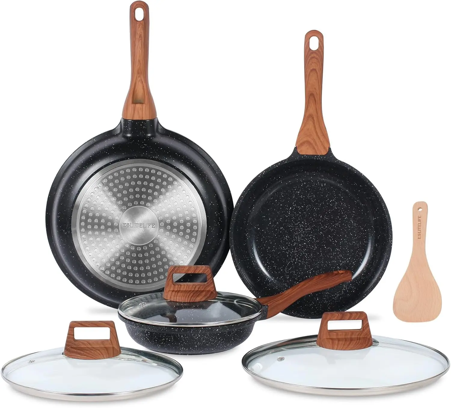 

ESLITE LIFE Nonstick Ceramic Frying Pans Skillets Set with Lids, Non-Toxic Egg Omelette Kitchen Cooking Pans Compatible with All