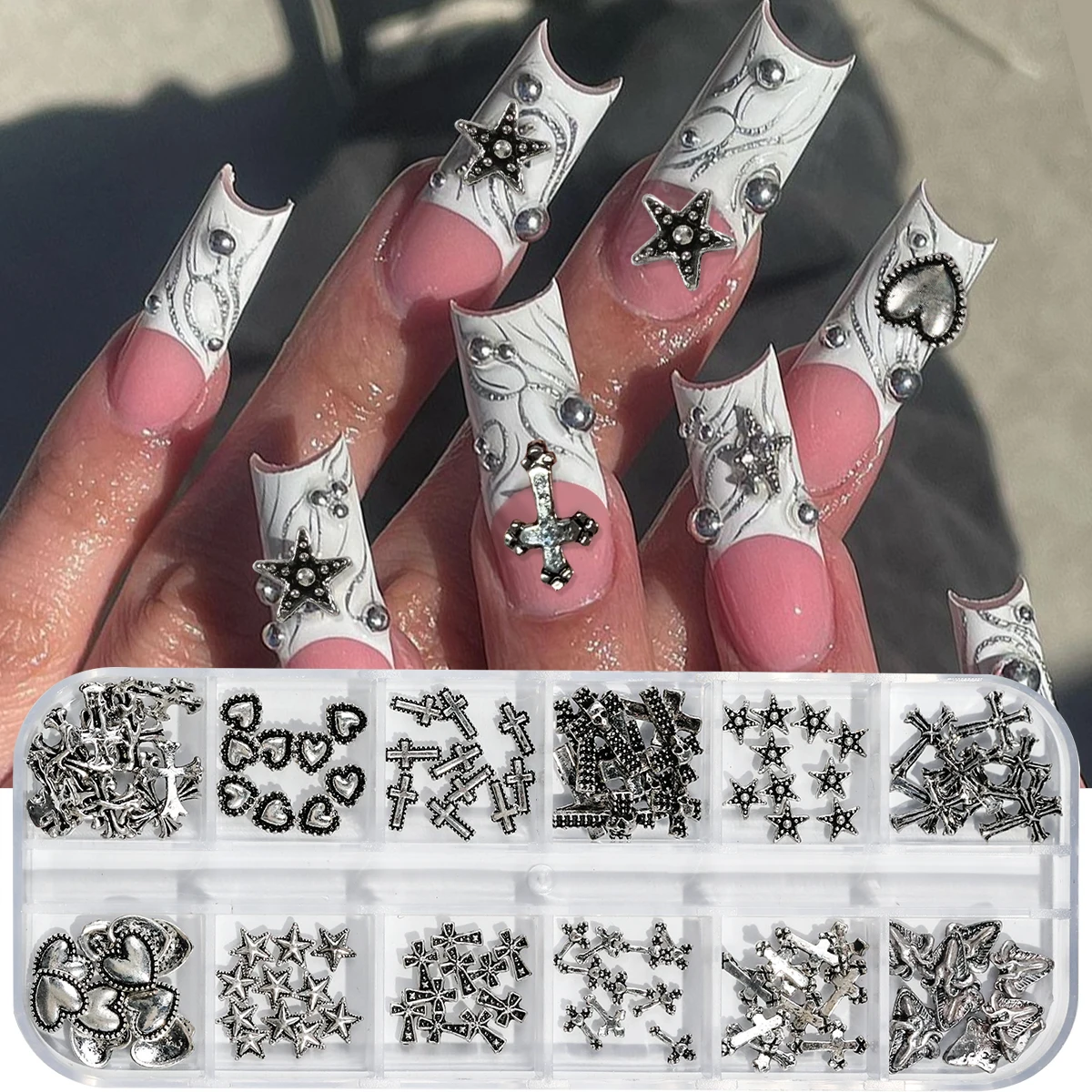 12 Grids Vintage Cross Shaped Zinc Alloy Jewelry Nails Supplies Heart&Star Shaped Metal y2k Nail Art Decoration For Women Girls