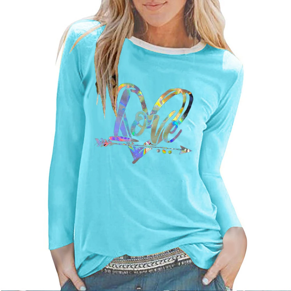 Seeyoushy Flash Print Love LOVE 2023 New Trend Long Sleeve O-neck Women's Tshirt Casual Women's Clothing Y2K Harajuku Ladies Top