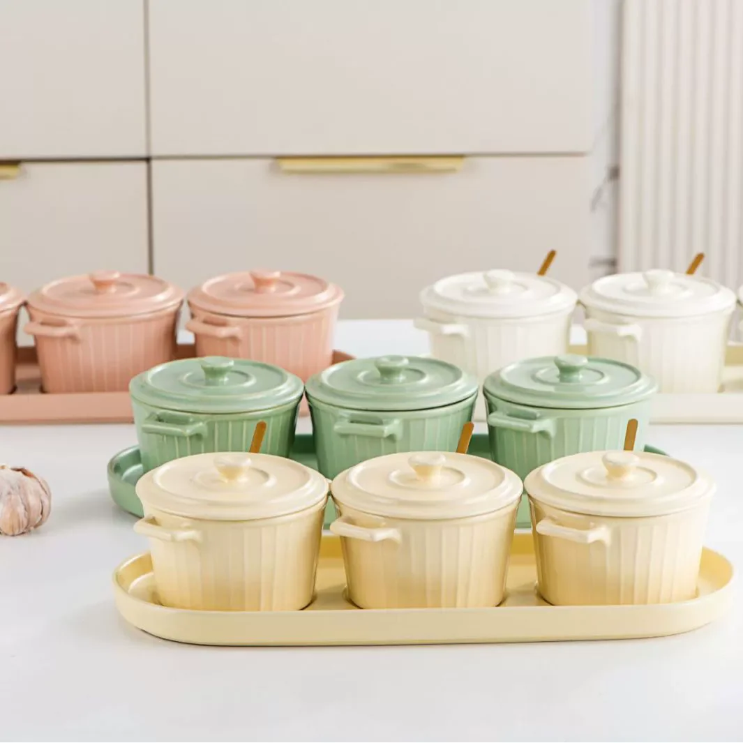 

LingAo-Ceramic seasoning pot, high appearance level, cream INS style, with lid, internet celebrity seasoning box set, double han