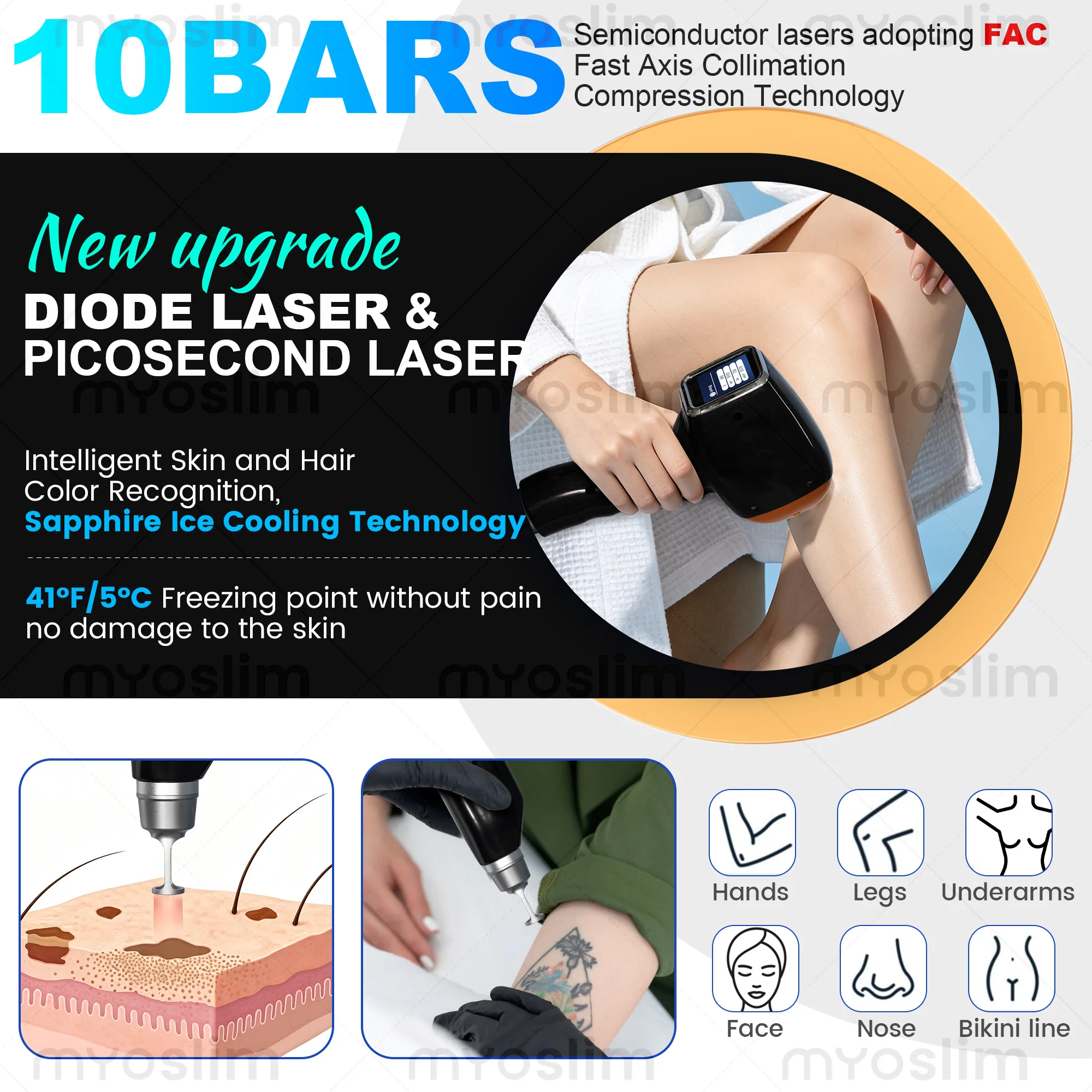 Professional 6000W 10 Bars FAC Diode Laser Hair Removal Device 4 Wavelengths 755 940 1064 808 Picosecond Nd Yag Tattoo Removal