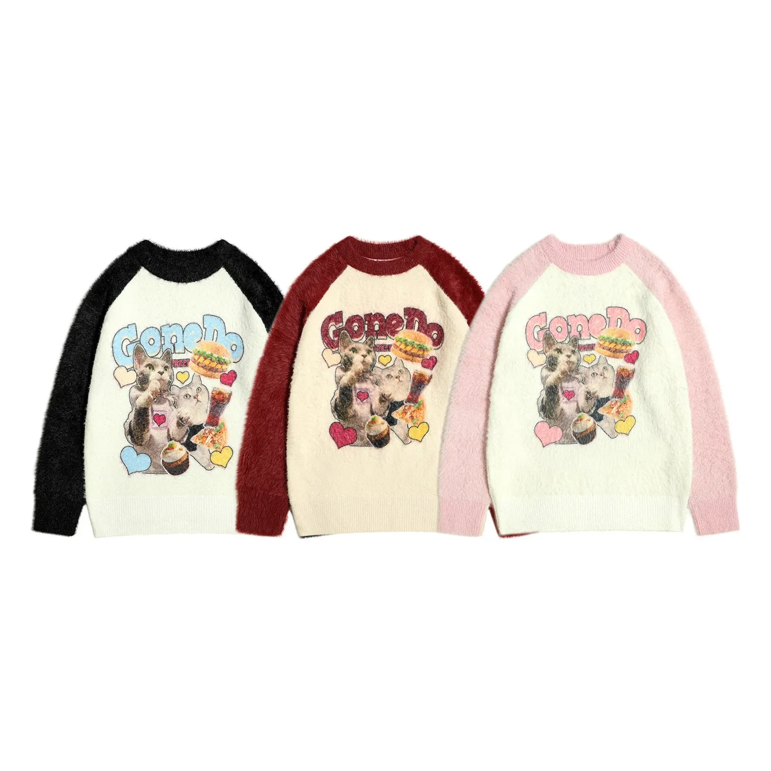 

Cat Printed Sweater Mohair Raglan Sleeves Loose Knit Sweater Women Autumn and Winter Coat