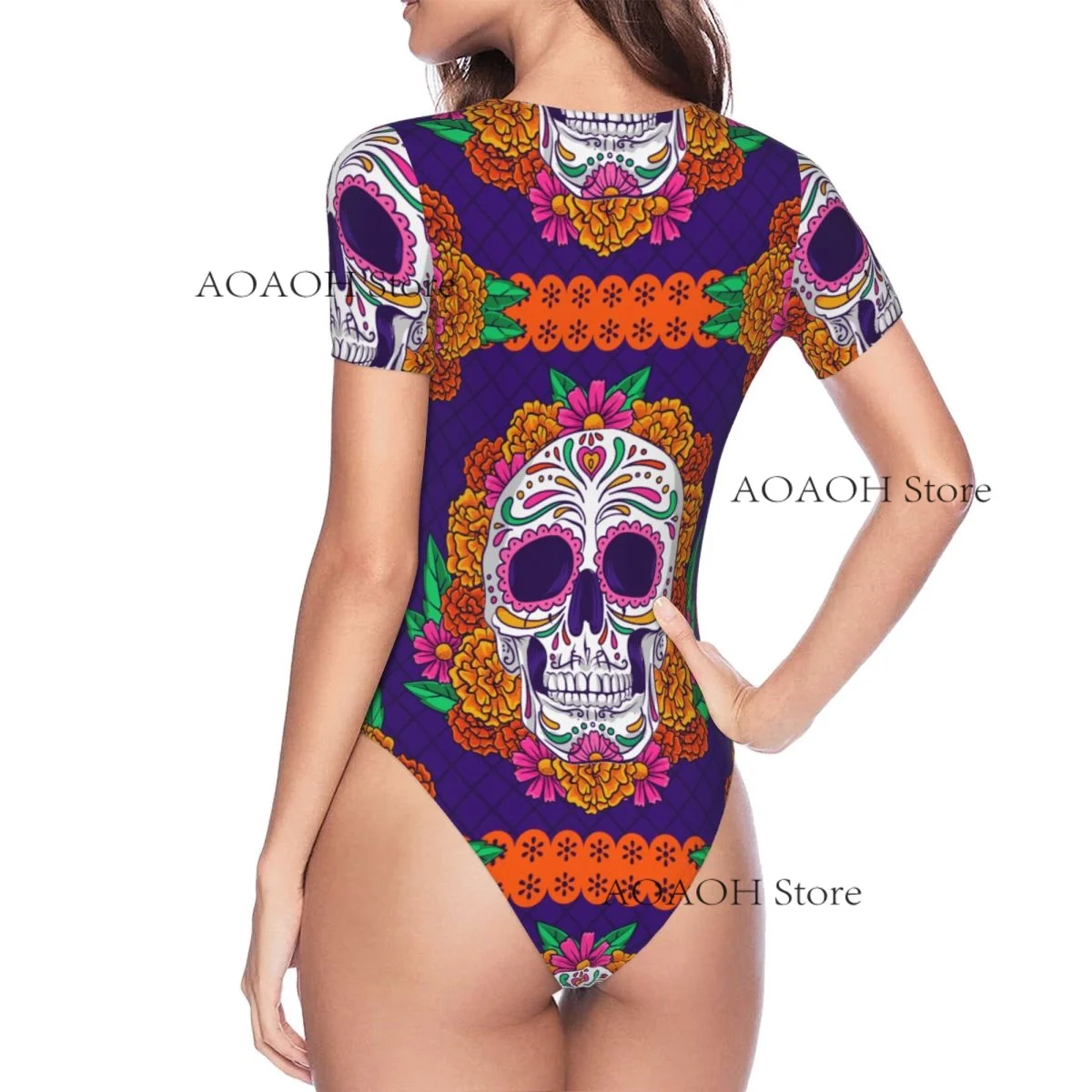 Skull Flower Women's Casual Crewneck Leggings Jumpsuit Tight Sexy Short Sleeved