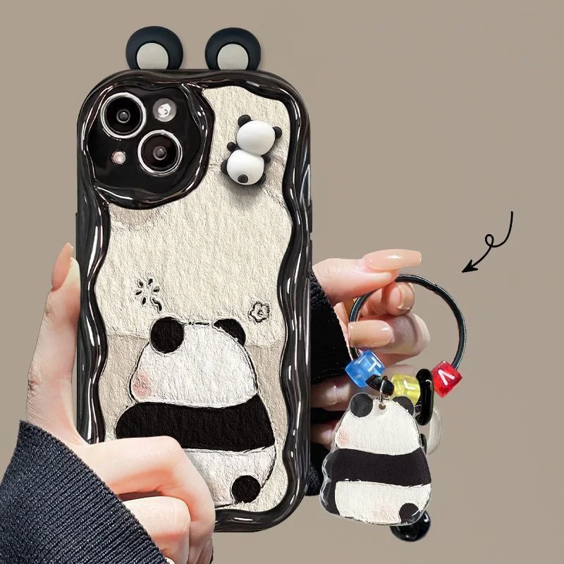 Korean Cute 3D Eyes Panda Phone Case For iPhone 15 14 13 12 11 Pro Max X XR XSMAX SE 8 7 Plus Wavy cream Silicone Cover L-Loopys