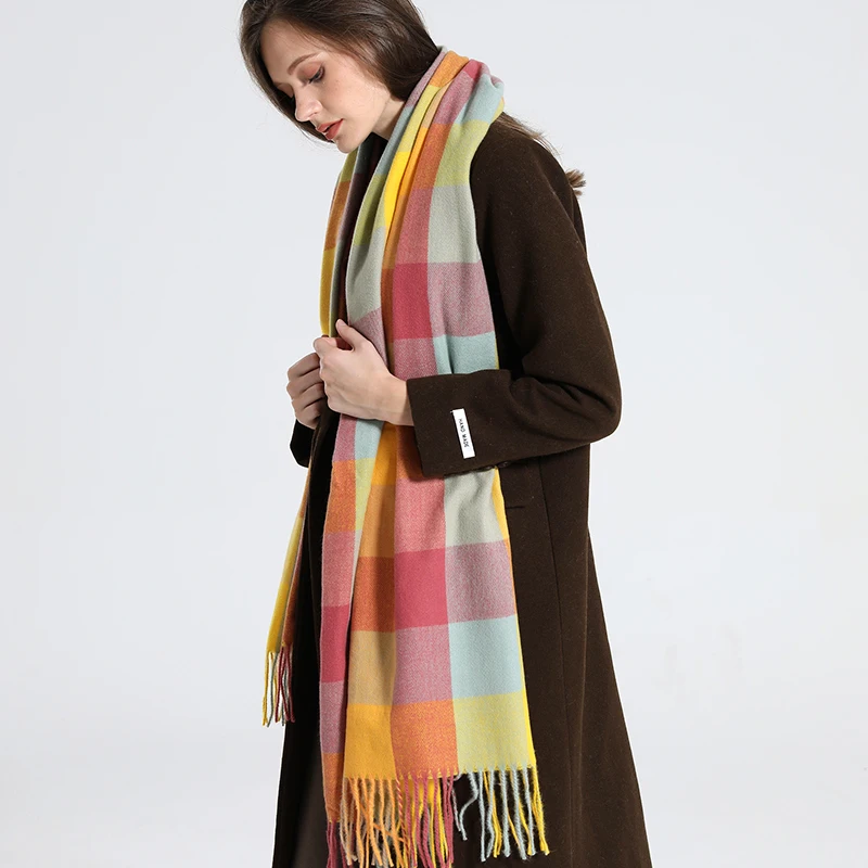 2023 New Women Simulated Cashmere Checker Scarf Warm in Winter Long Thick Cashmere Touch Tassel Fashion Color Checker Scarf