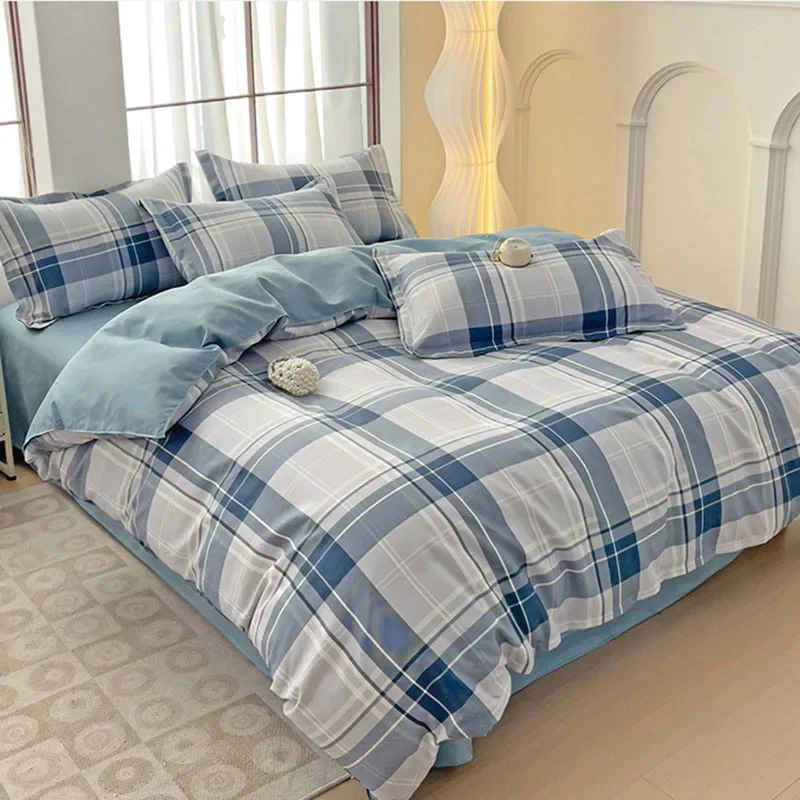 Nordic Plaid Printed Sanding Bedding Set Thick Skin-Friendly Quilt Cover Sheet Pillowcase Soft Cozy Home Decor for Four Seasons