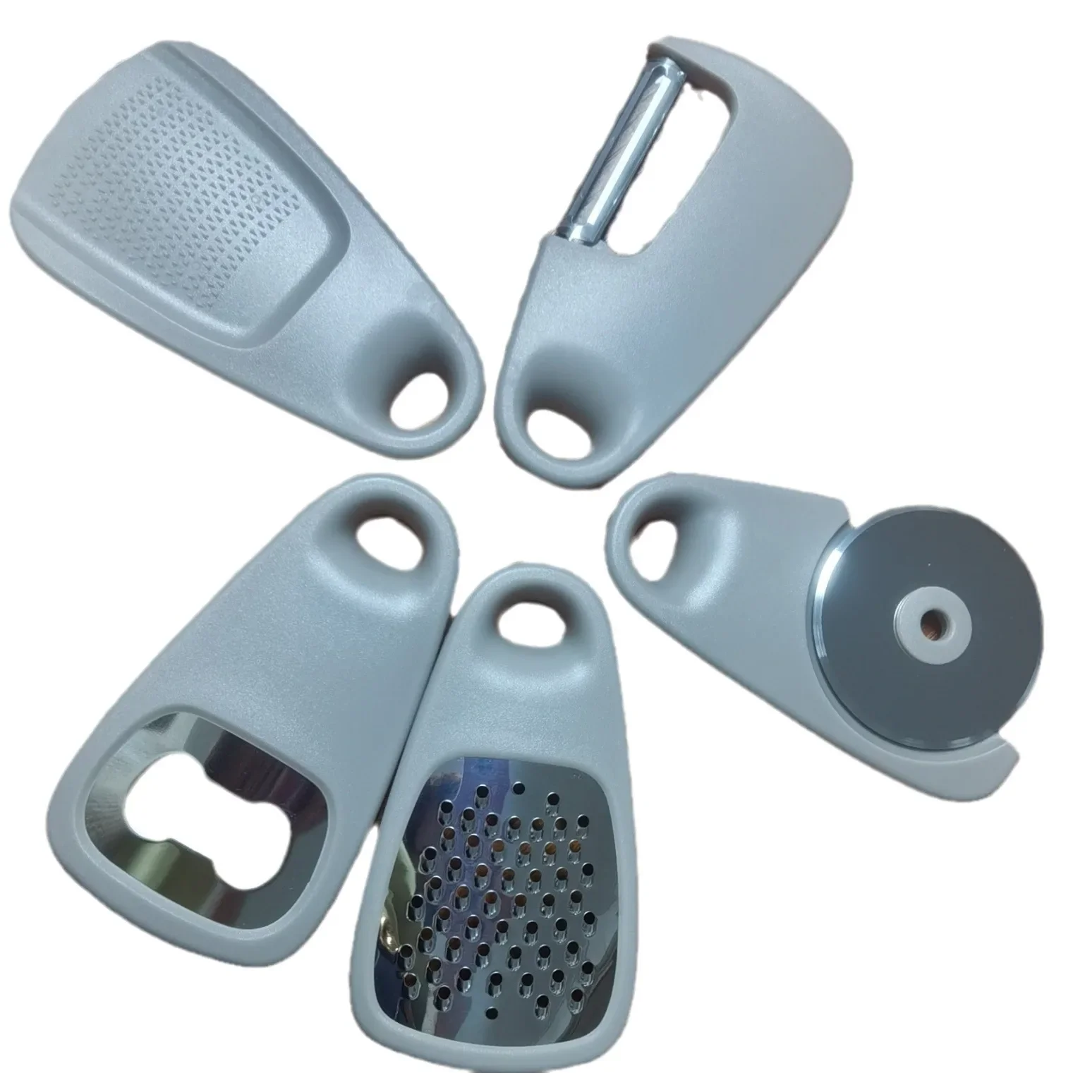 Multi functional kitchen small tool set of 5 pieces, peeler, bottle opener, garlic grinder, pancake cutter, ginger slicer