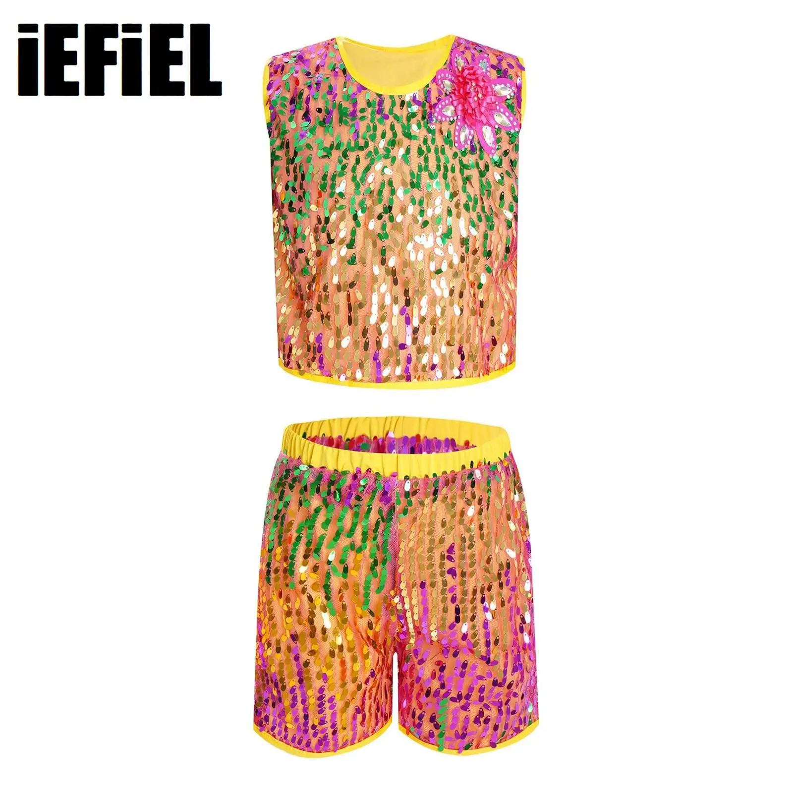 

Kids Boys Jazz Dance Outfit 2-Piece Stage Performance Costume Shiny Sequins Sleeveless Tank Top with Shorts