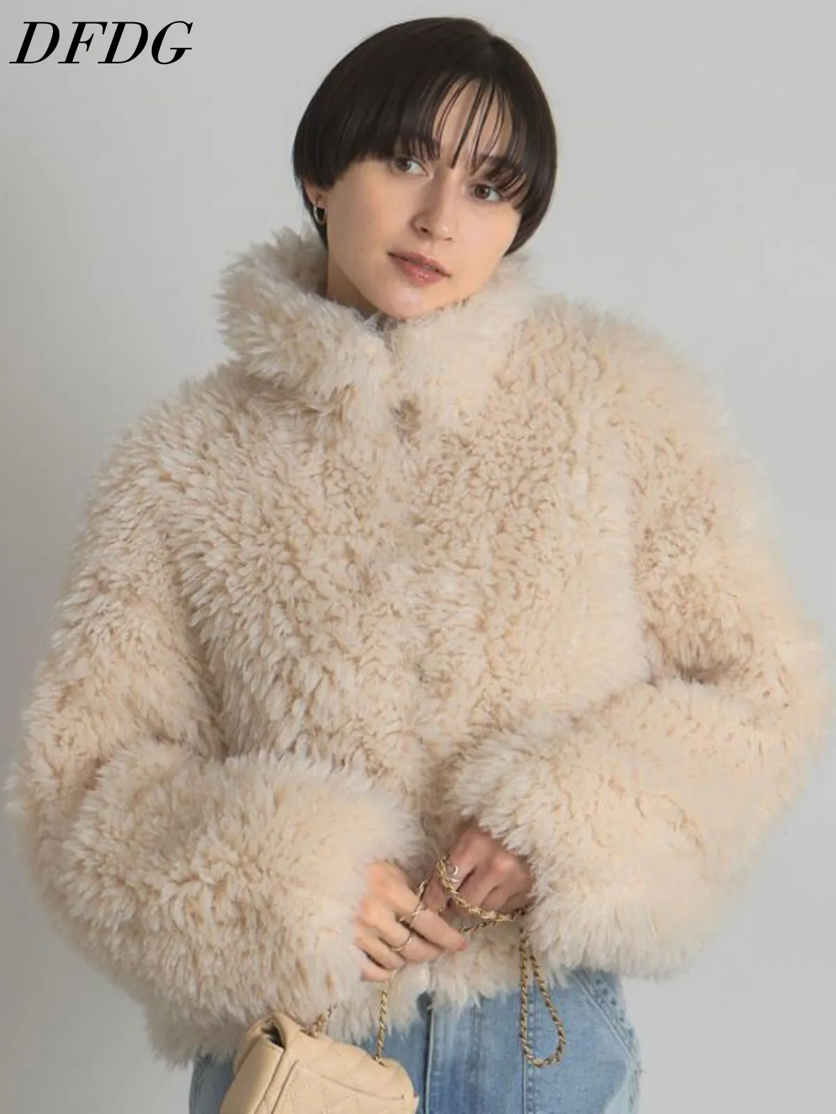 DFDG Women 2026 Faux Curly Fur Short Jacket Stand Collar Loose Fluffy Warm Winter Coat Elegant Casual Daily Street Outwear Fur