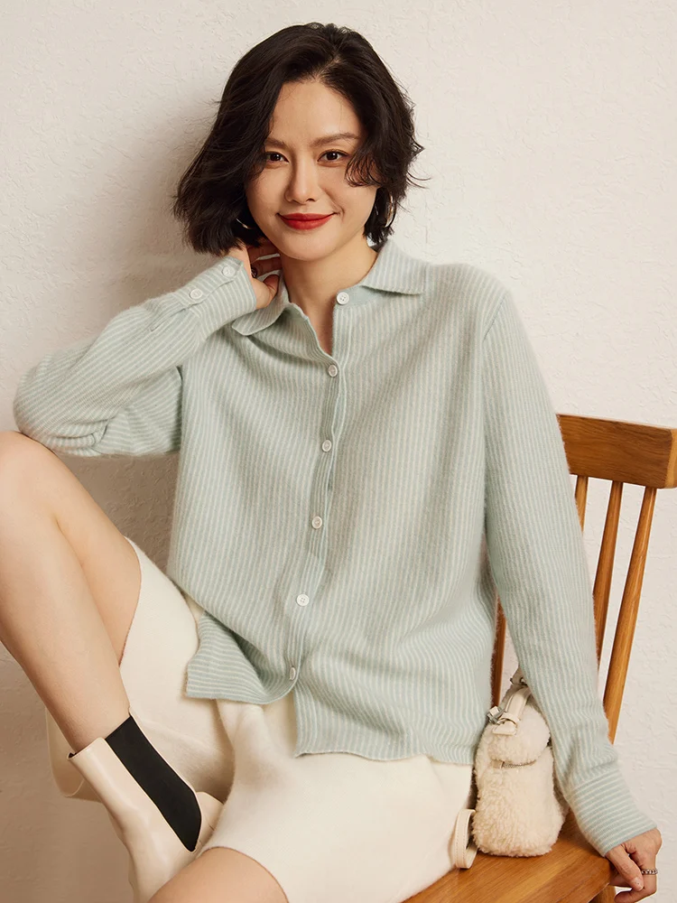 

Vintage Women Shirt Cardigan 100% Cashmere Sweater Blouse Autumn Winter Sweater Casual Striped Shirt Collar Open Front Warm Knit