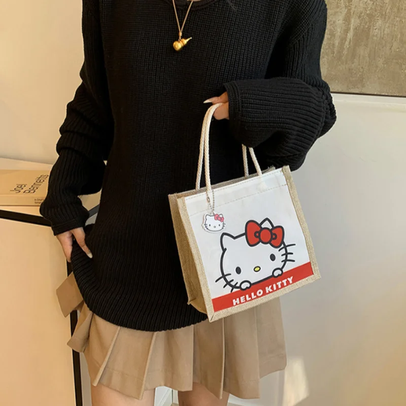 New Sanrio cute cartoon linen bag female Hello Kitty fashion going out handbag sweet cute girl travel essential handbag