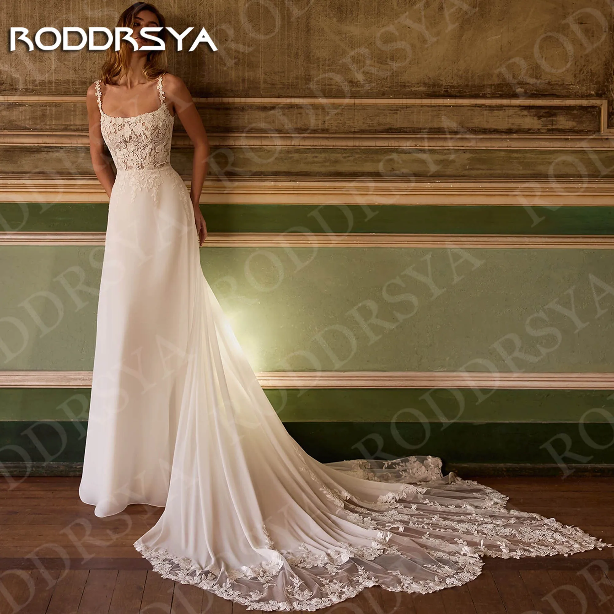 

RODDRSYA A Line Wedding Dresses Chiffon robe de mariée Romantic Boho Lace Spaghetti Straps Bridal Dress Open Back Customized