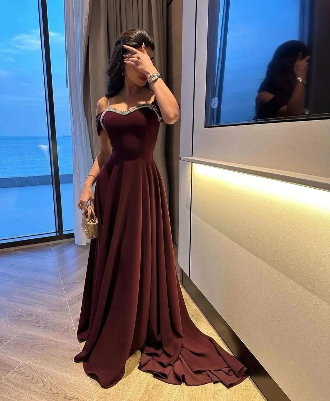 Women's Red Evening Dress 2026 Beaded Off Shoulder Chiffon A-line Floor Length Formal Prom Party Gowns Pageant Robe De Soriee