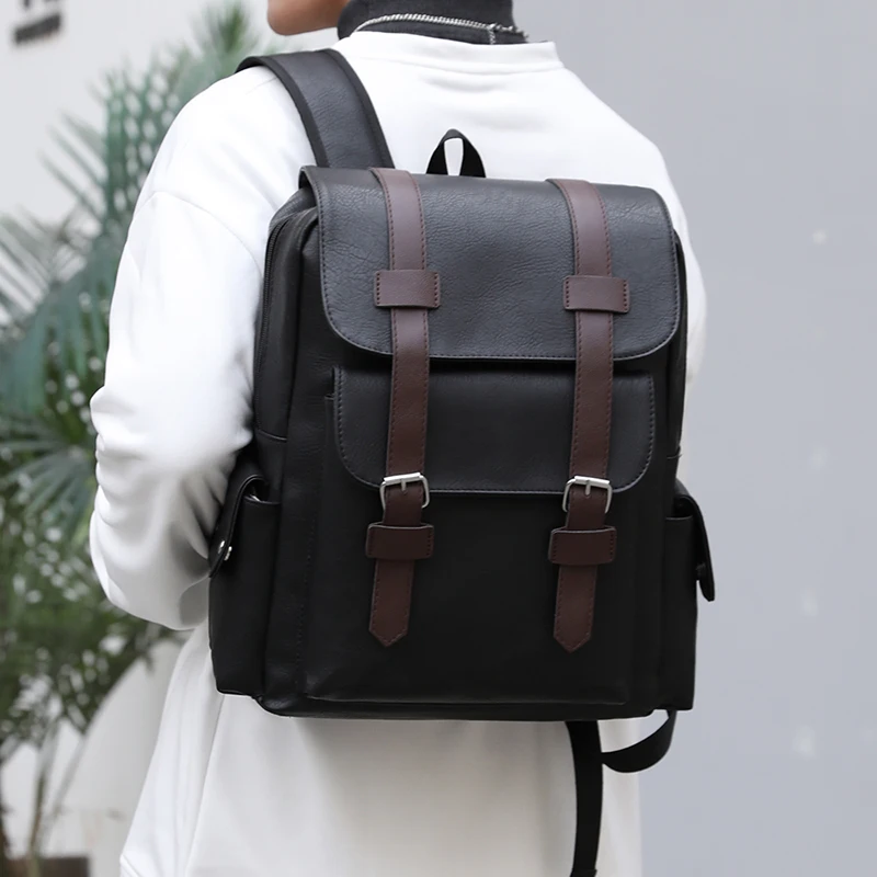 2023 männer Rucksack PU Leder Rucksack Große Laptop Rucksäcke Männlichen Mochilas Schwarz Schulranzen Für Jugendliche Jungen Braun Sac A Dos – Detail 18
