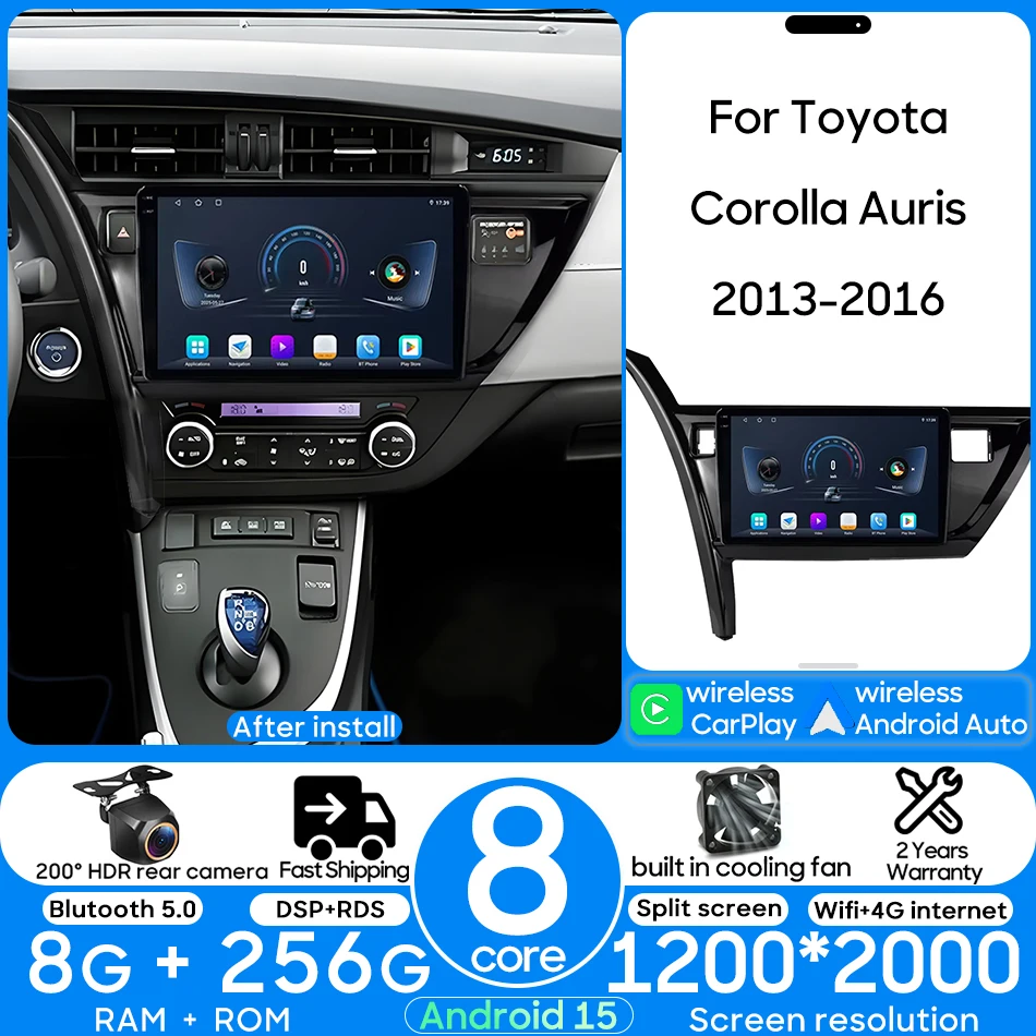 

Для Toyota Corolla Auris 2013-2016 Android 15 Автомобильный мультимедийный радиоприемник Видеоплеер CarPlay Автоматическая навигация GPS Головное устройство DSP 2Din