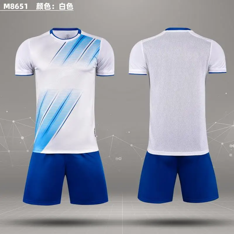 Custom camisa de futebol de manga curta e shorts conjunto, marca desgaste, azul, vermelho, branco, modelo 8651, 23-24, verão