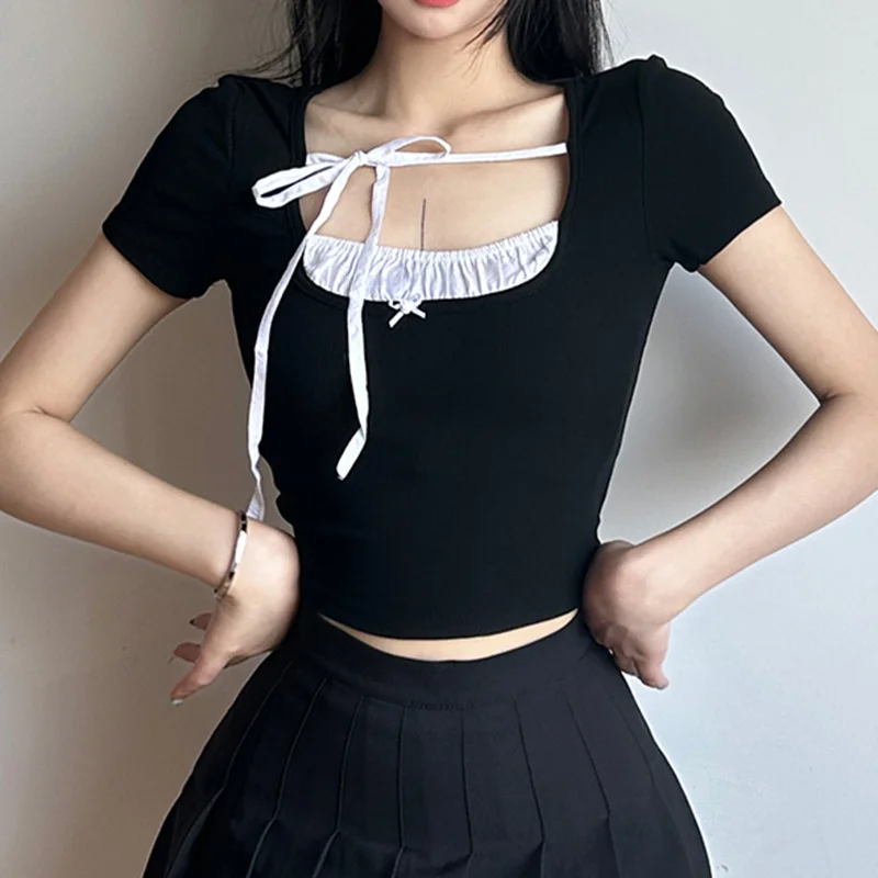 

Y2K Sweet Spicy Style Short Sleeve Tshirt For Women New Lace Patchwork Bow Strap Cotton Top 2000s Fashion Sweet Girl Clothing