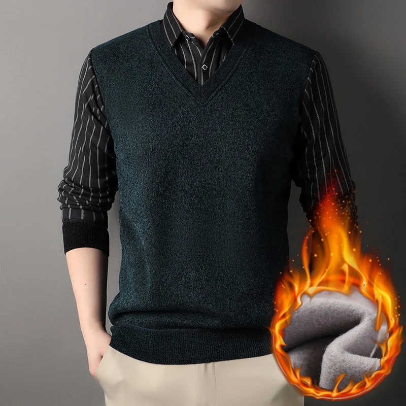 Male Fleece Pullover Men\'s Polo Collar Sweater Autumn Winter Knitwear Stripe Sweaters Thick Warm Khaki Korean Clothing