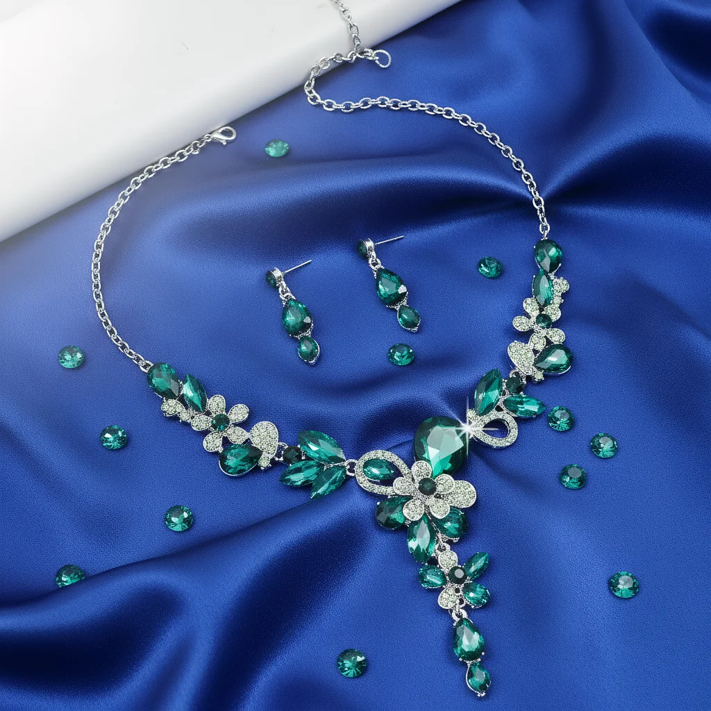 Glamorous Blue Crystal Set Cluster Flower Y-Necklace Elegant Drop Earrings Collection Formal Body Jewelry Kit for Night Out