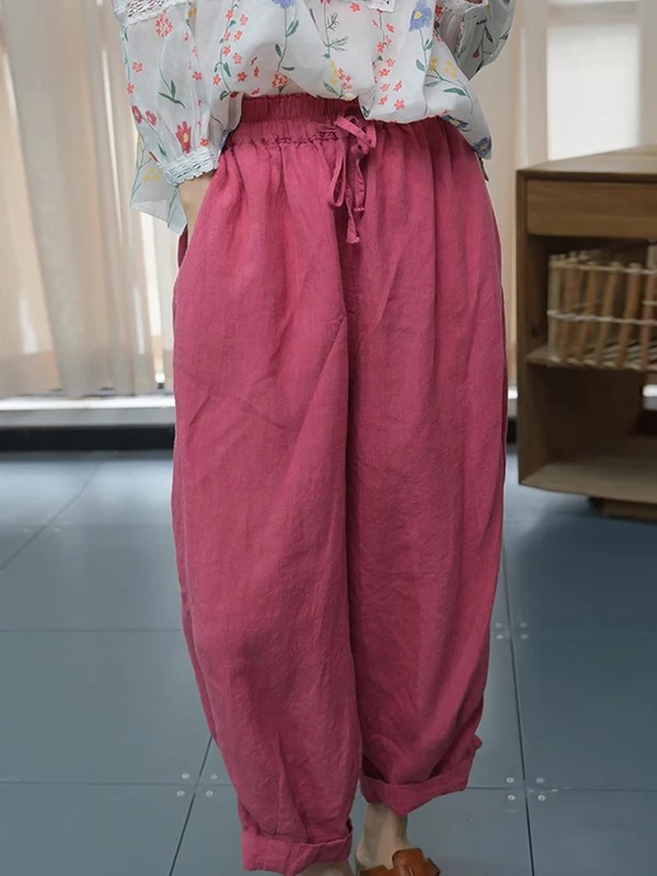 Lente Nieuwe Retro Etnische Artistieke Elastische Taille ket Pure Kleur Veelzijdige Afslanken Casual Broek vrouwen Hoge Taille Harlan Pa...