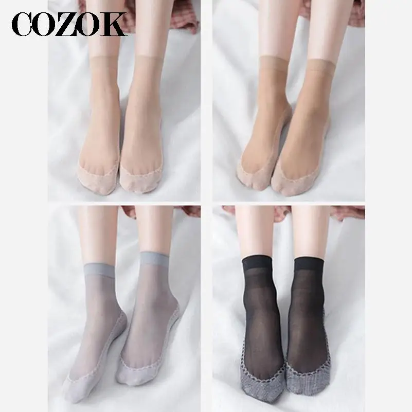 4 Pairs Spring Summer Women Soft Socks Casual Non-Slip Bottom Splice Fashion Transparent Ladies Girls Breathable Thin Silk Socks
