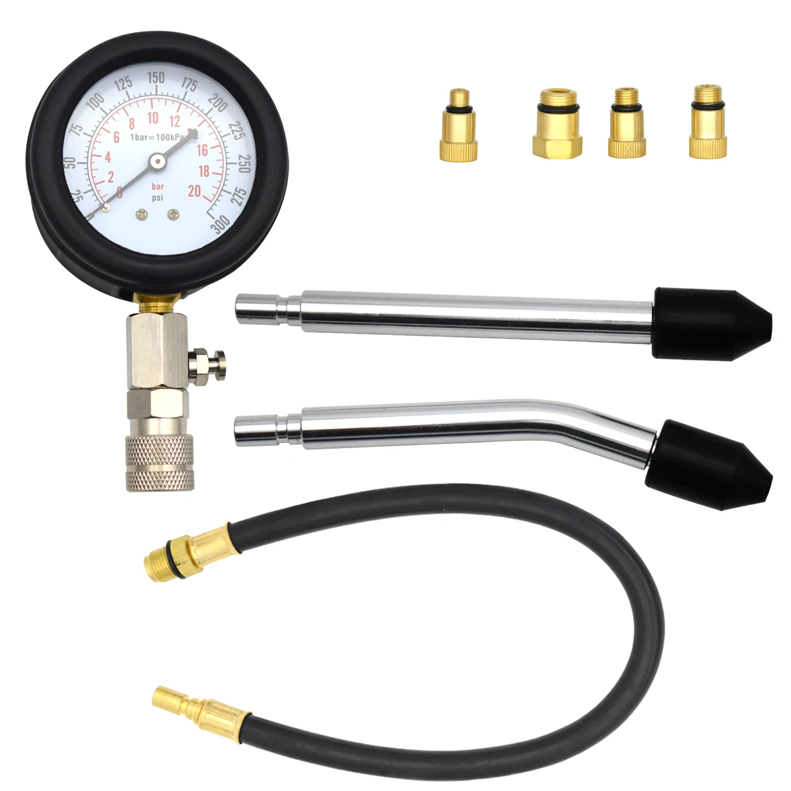 Engine Compression Tester Pressure Gauge Leakage Detector Measure Motor Car Auto Petrol Gas Cylinder Motorcycle Adaptor 0-300psi