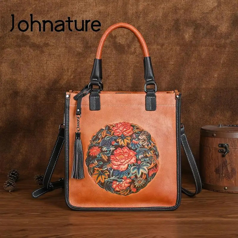 Borsa da donna in vera pelle goffrata retrò stile cinese Johnature 2024 nuove borse a tracolla versatili in vera pelle bovina di grande capacità