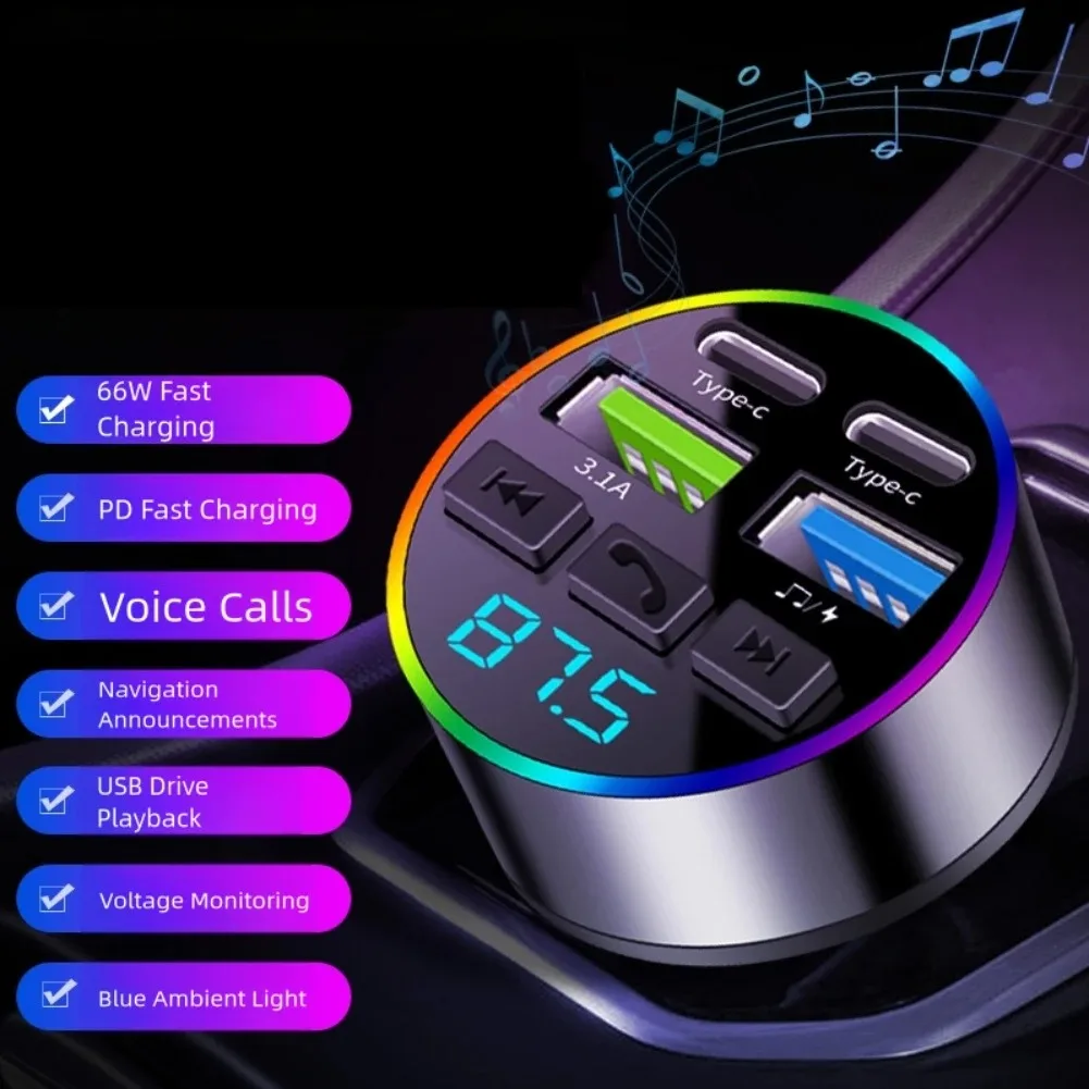 Digitalanzeige Zigarettenanzünder Autoladegerät Dual USB Typ C Multifunktionaler Bluetooth FM Sender Empfänger MP3-Player – Detail 1