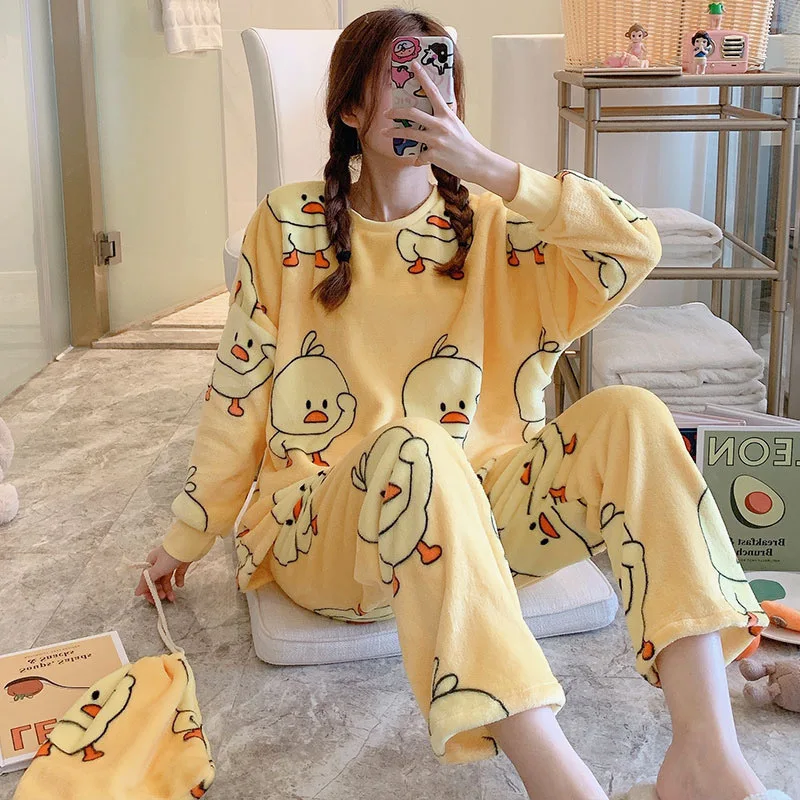 

Snoopy Pajamas Set Winter Warm Sleepwear Panda Printed Loungewear Girl Student Thickened Flannel Long Sleeve Homewear Nightwear