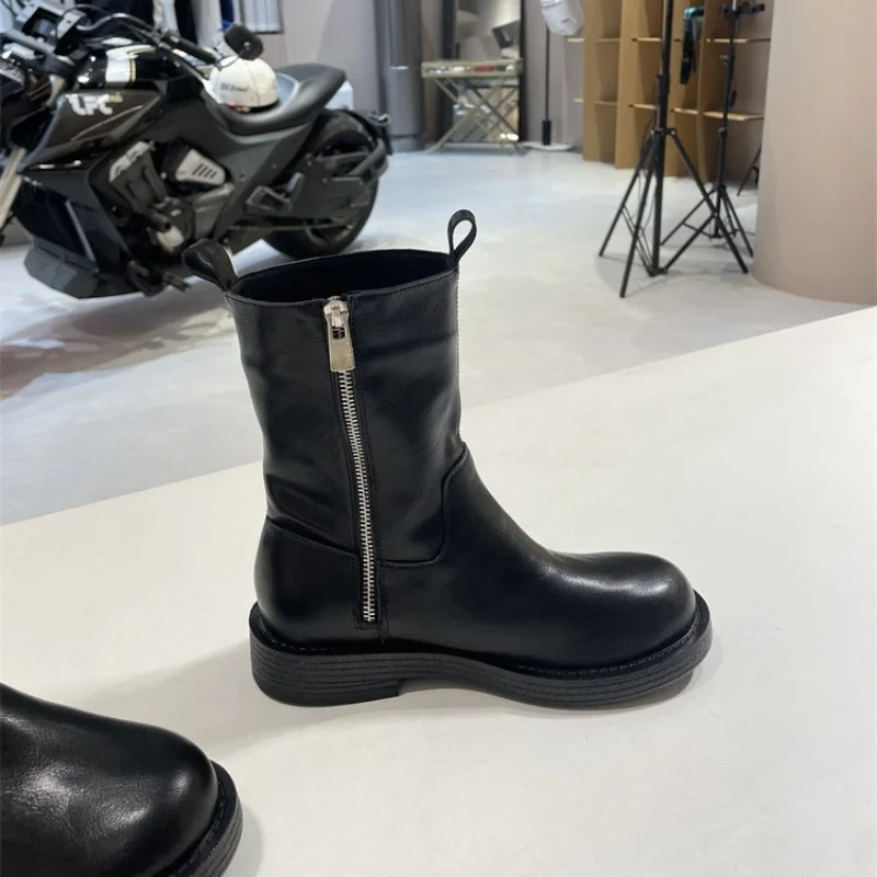 

Black Mid Calf Zipper Side Women's Boots Vintage Round Toe Mid Heel Fashion Short Boots Comfortable Footwear