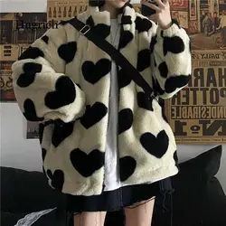 Autumn Winter Thick Jacket Female Casual Fashion Lamb Fluffy Comfortable Sweet Korean Loose Heart Pattern Warm Faux Fur Coat