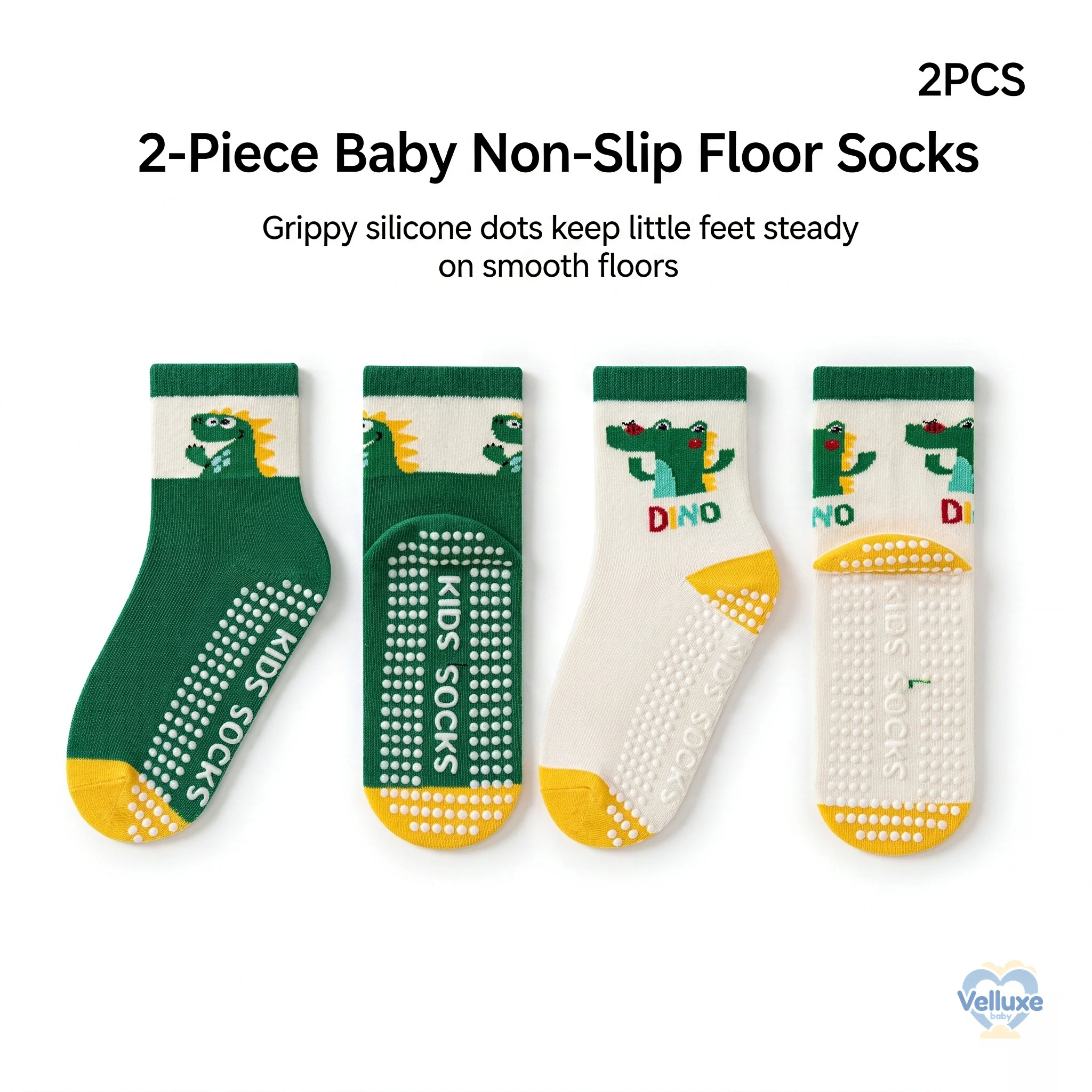 2 Pairs Kids Non-Slip Floor Socks Set, A-Class Cotton Blend Dinosaur Anti Slip Socks for Toddler Children 1-12Y Home Play