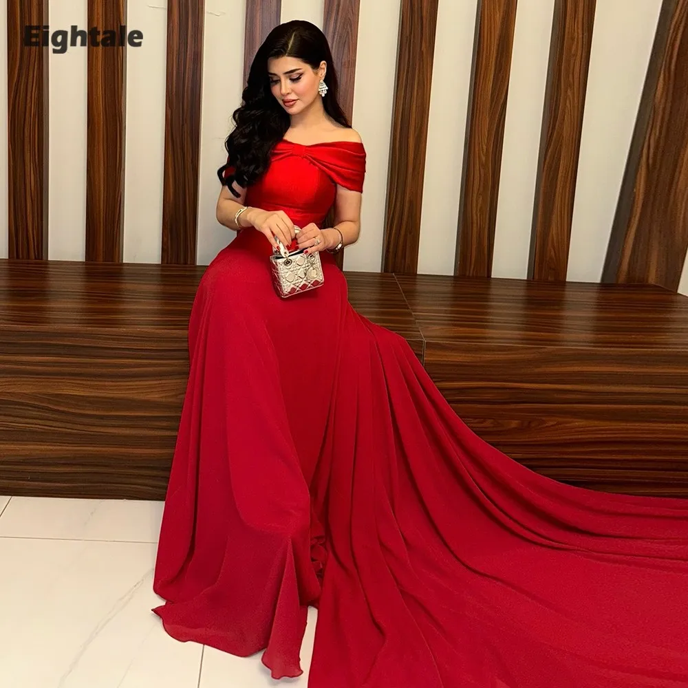 

Eightale Arabic Evening Dress off Shoulder Customized Mermaid Red Satin Floor Length Prom Wedding Party Gowns