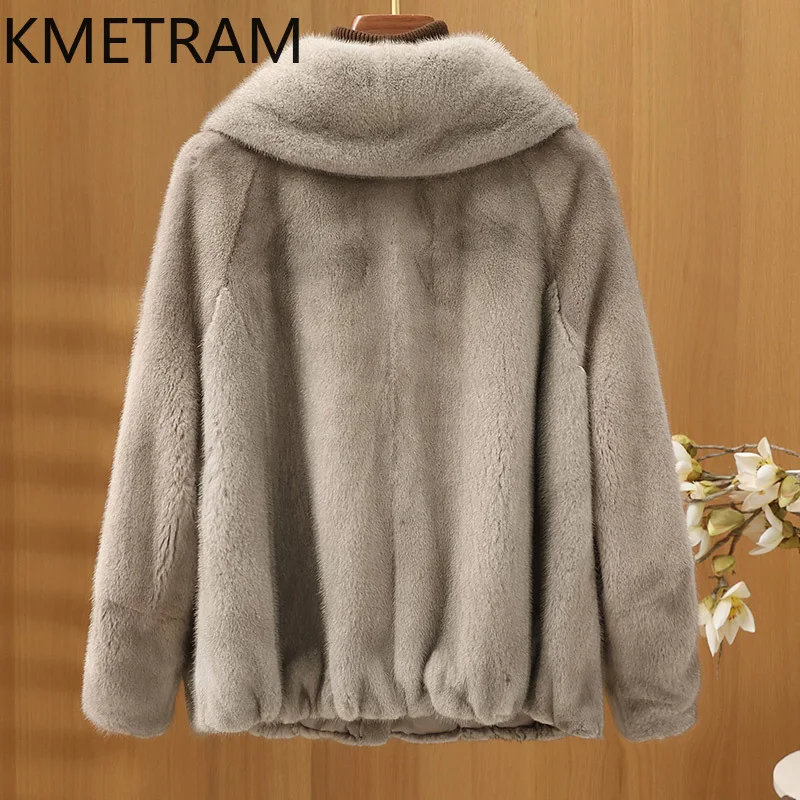 KMETRAM 100% 천연 밍크 퍼 재킷 여성용 럭셔리 라펠 숏 그레이 리얼 퍼 코트 겨울 외투 여성 의류