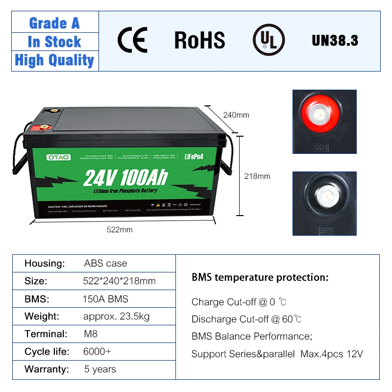 EU US Stock 24V 100AH Lifepo4 Battery Pack Baterias De Litio Lipo4 6000 Times Deep Cycle Power Station Bank Lithium Ion Battery