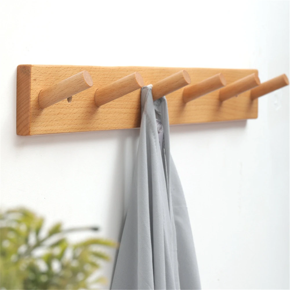 Wooden Hook Bedroom Hooks Coat Hanger Rack Solid Wood Clothes Hooks Home Decoration Key Hat Hanging Hook Free Punch Door Hooks