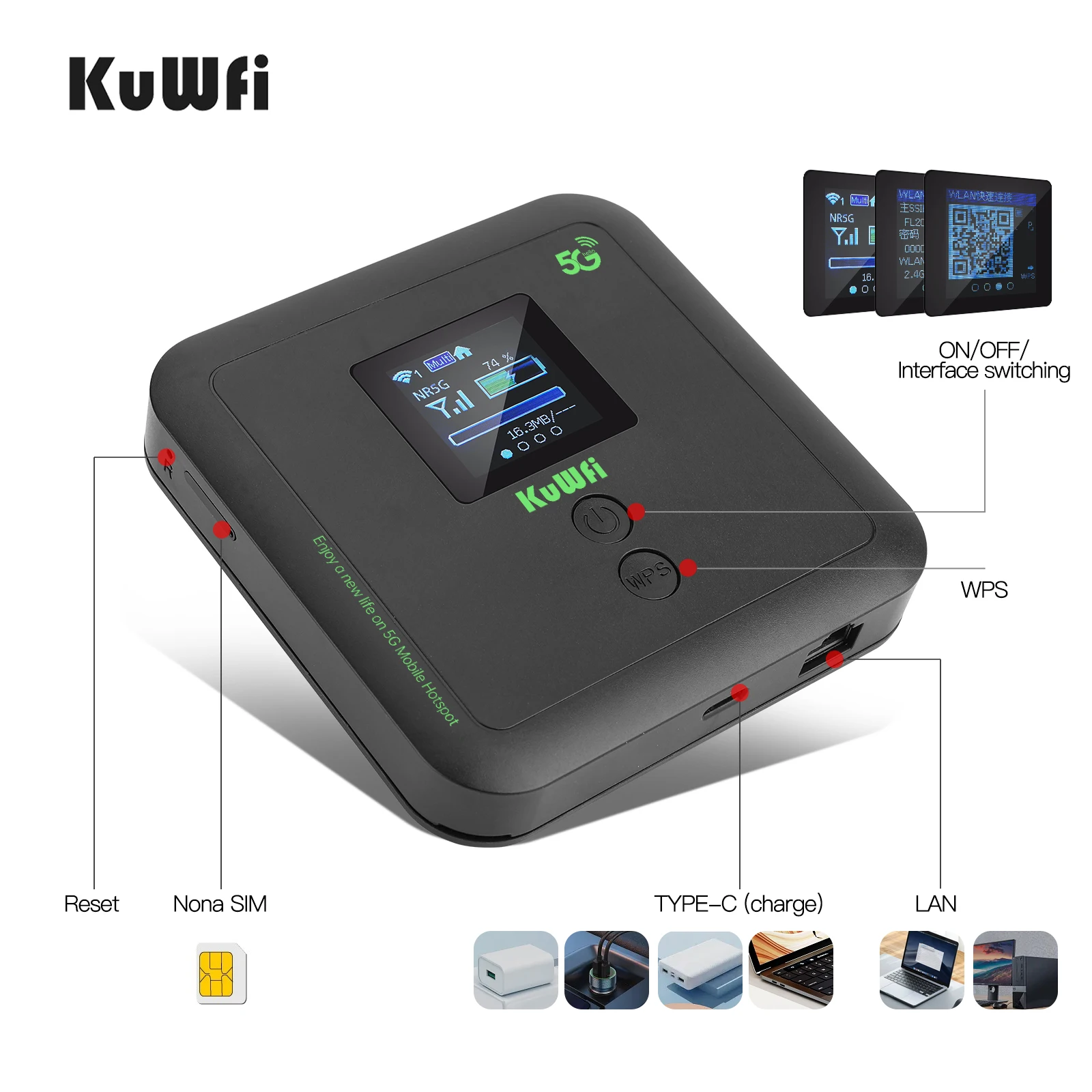 KuWFi 5G01 5G Pocket Wifi Router 3000 Mbps High Speed Hotspot Router WIFI With SIM Card Dual Band 5400mAh  5G Router CPE