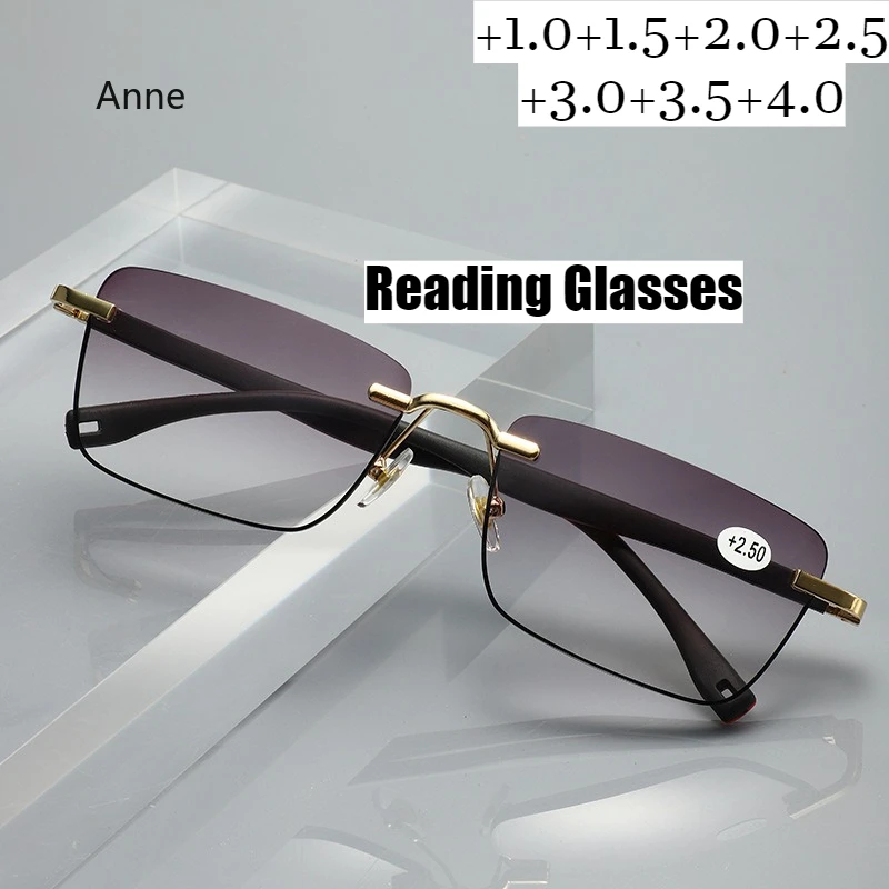 

Frameless Elastic Hinge Reading Glasses Men Business Square Hyperopia Eyewear Trendy Non Slip Legs Sun Presbyopia Glasses Gafas