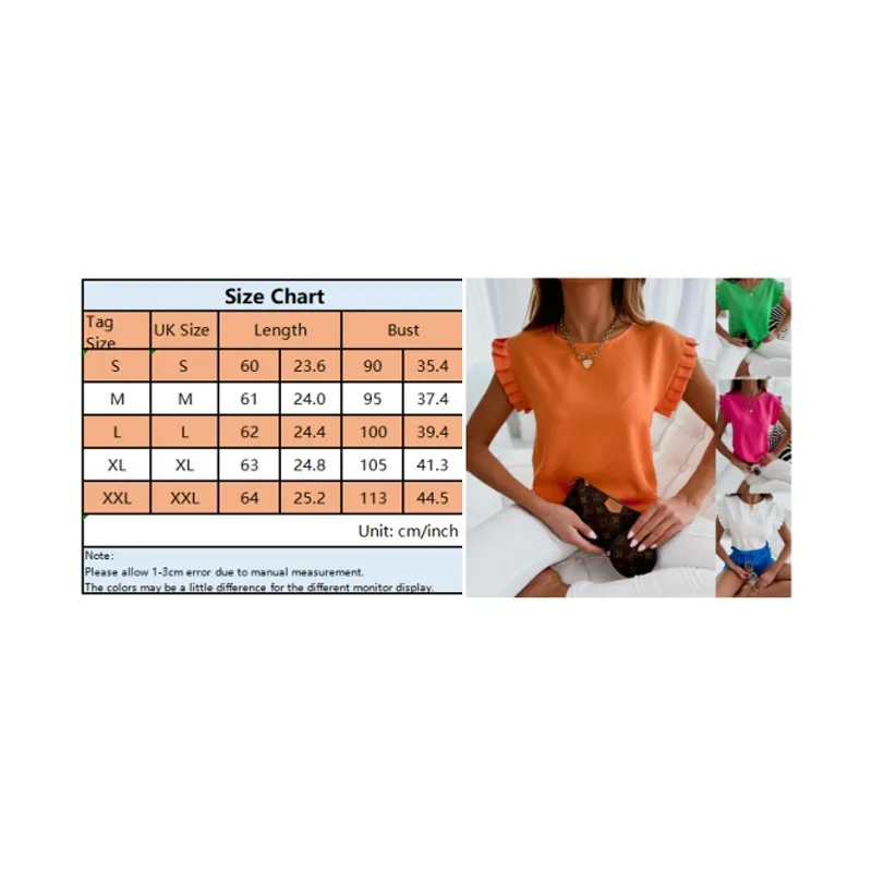 Women's Fashion Simple Short Sleeve T-shirt Solid Color Round Neck Petal Sleeve Sweet Tee Slim Pullover Shirt Women Clothing