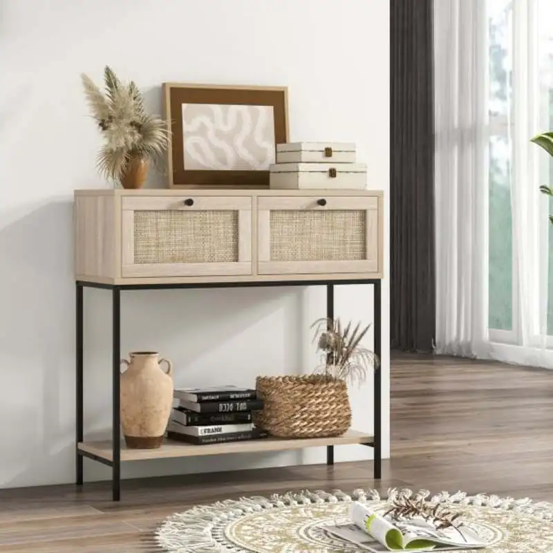 

Rattan Console Table Boho Entryway Table with 2 Rattan Drawers and Open Storage Shelf-Oak