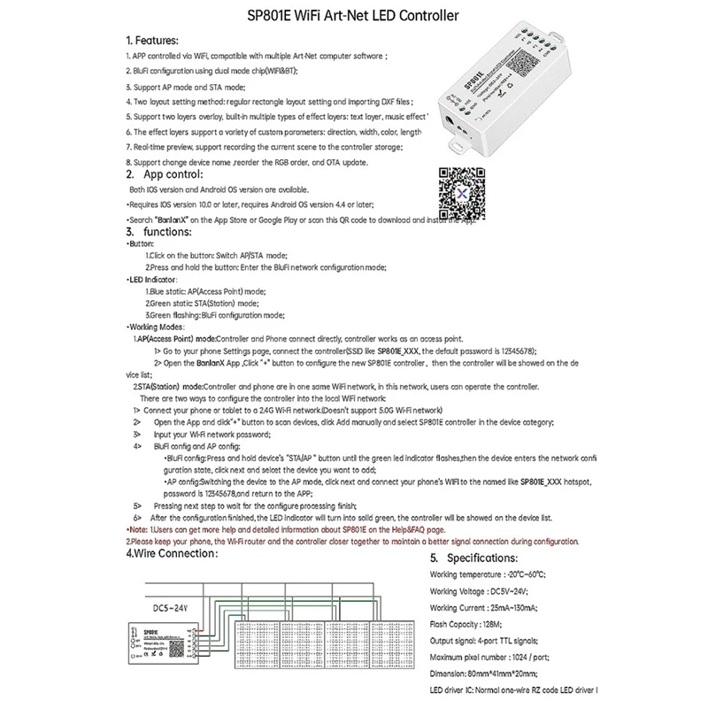 SP801E Wifi Art-Net LED Controller LED Matrix Panel Module WS2812B WS2811 Light Strip Wireless Control DC5-24V