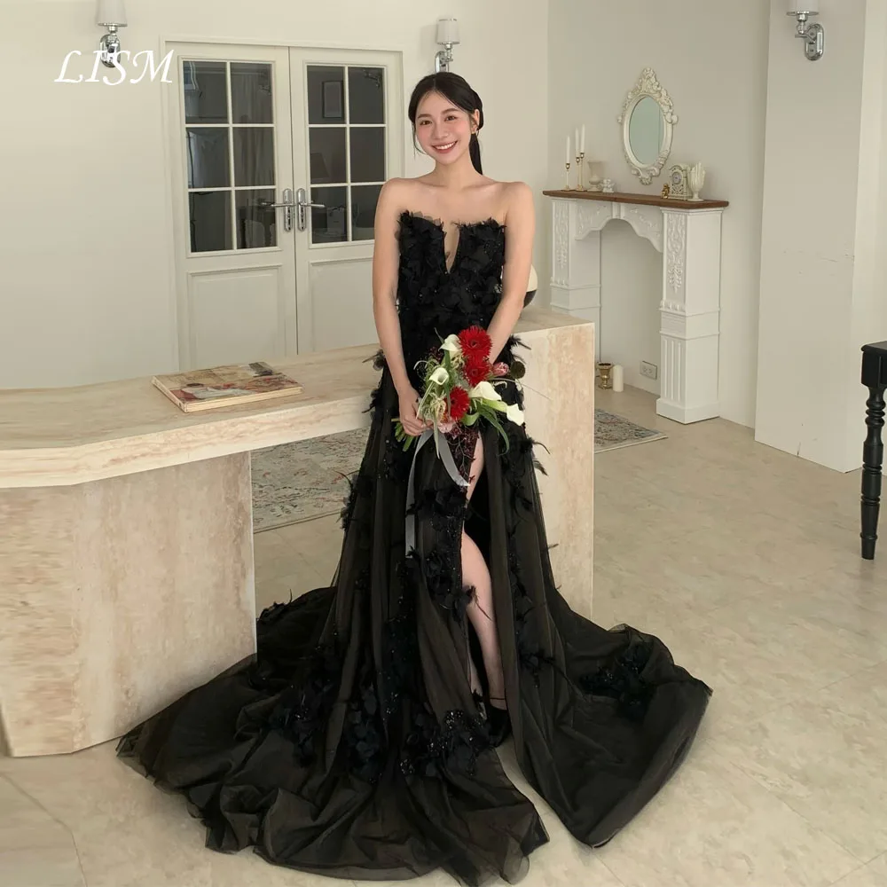 LISM Zwarte Hoge Split Korea Avondjurken A-lijn Sweetheart Party Gelegenheid Jurken Zijde Satijn Applicaties Prom Gown Aangepast
