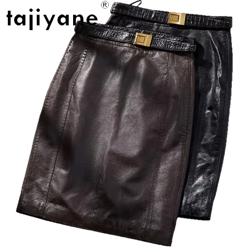 TAJIYANE Genuine Leather Skirt with Belt Women's Skirts Light Wax Sheepskin Midi Skirt Straight Skirts of Woman Waistless Юбка