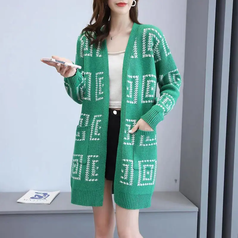 

Women's Cardigan V-neck Striped Plaid Midi Printing Knitted 2023 Spring and Autumn Fashion Loose Long Sleeve Pocket Sweater Coat