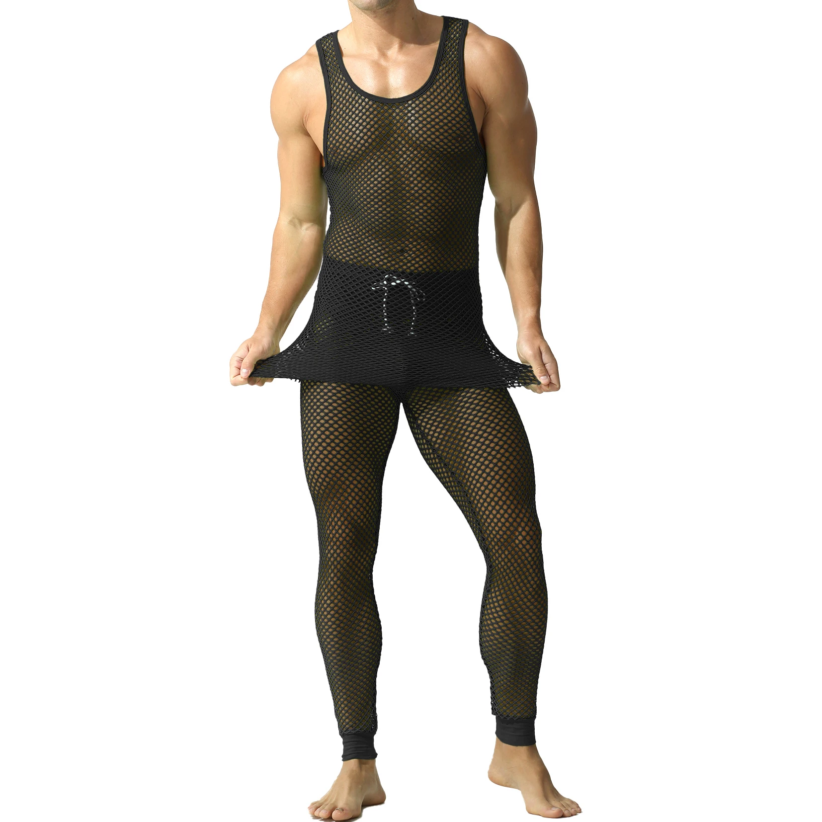 Sexy Fishnet Men's Tank Top Sets Hollow Out Vests + Tight Pants Clothing Set See-through Sports Wear view 5