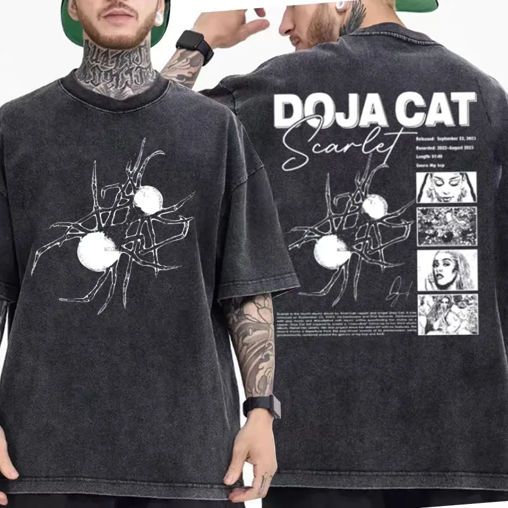 2025 الصيف غسلها ريترو مغني الراب دوجا القط القرمزي تي شيرت مطبوع الرجال الهيب هوب فضفاض القطن موضة تي شيرتات قصيرة الاكمام #1