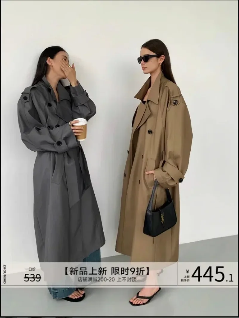 

Woolen Coat Autumn Winter Double Breasted Medium Long Temperament Trench Fashion Woman Trench Cool Chic Belt Solid Loose Jacket