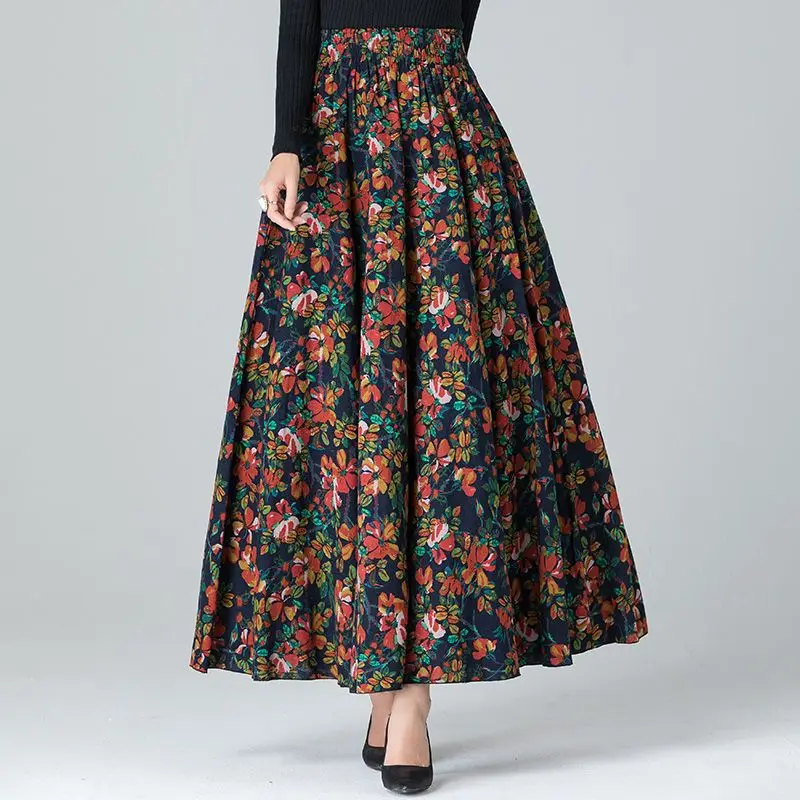 2023 Spring Summer Half-length Skirt High Waist Literature Retro National Style Medium Length A-line Skirt Korean Women Clothes