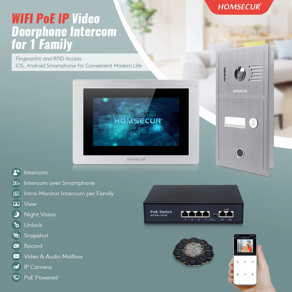 HOMSECUR-intercomunicador de entrada de vídeo IP TUYA, 7 ", WIFI, IP65, 960P, timbre, cámara con huella dactilar, acceso RFID, grabación instantánea