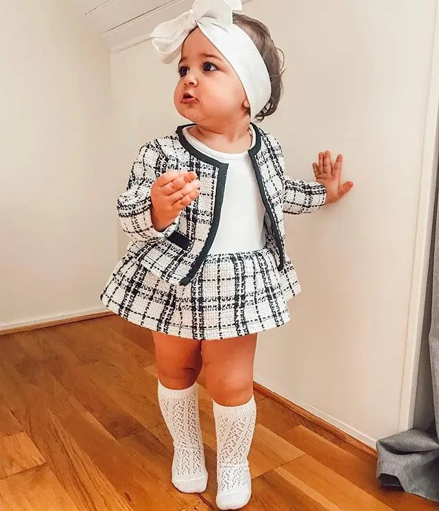 2Pcs Infant Baby Girl Plaid Cardigan Long Sleeve Shirt Dress Patchwork A-line Skirt Sets